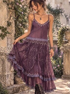 Nataya Age of Love Vintage Purple Embroidered Mesh Tiered Romantic Midi Dress